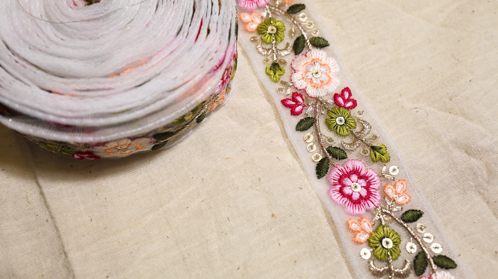 Floral Embroidered Net Trim – Multicolor with Sequin Accents
