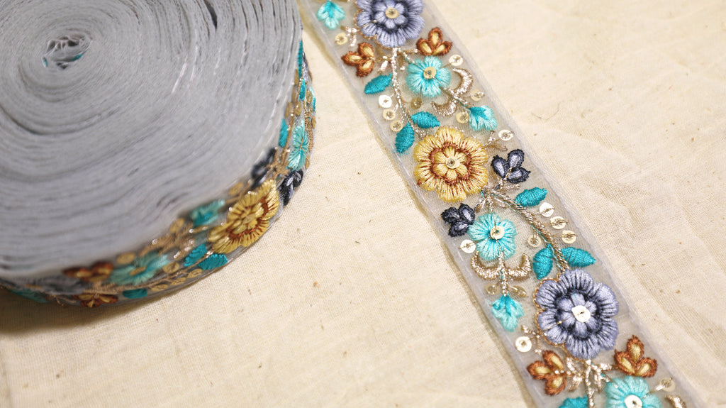 Floral Embroidered Net Trim – Multicolor with Sequin Accents