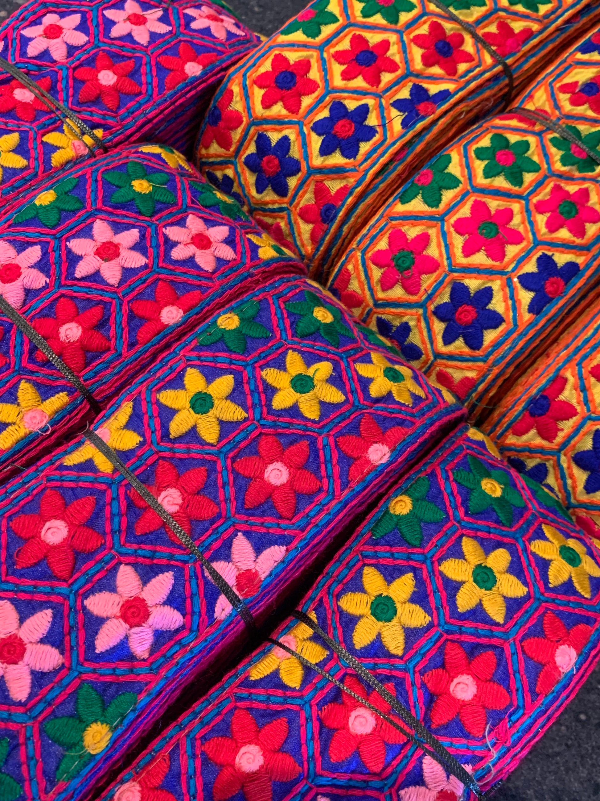 Premium Multicolored Floral Geometric Embroidered Lace Trim