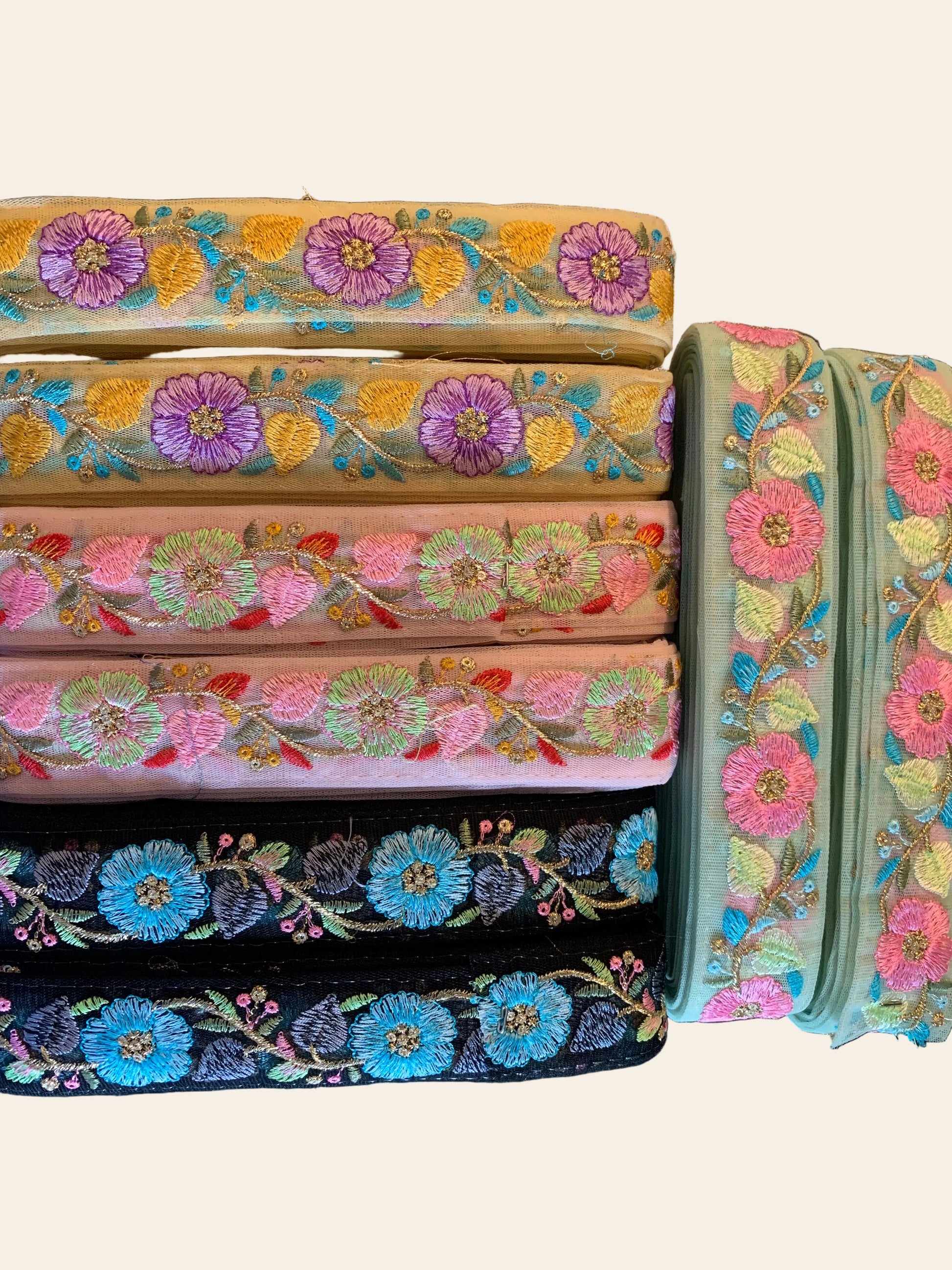 Floral Embroidered Net Trim with Zardozi Work