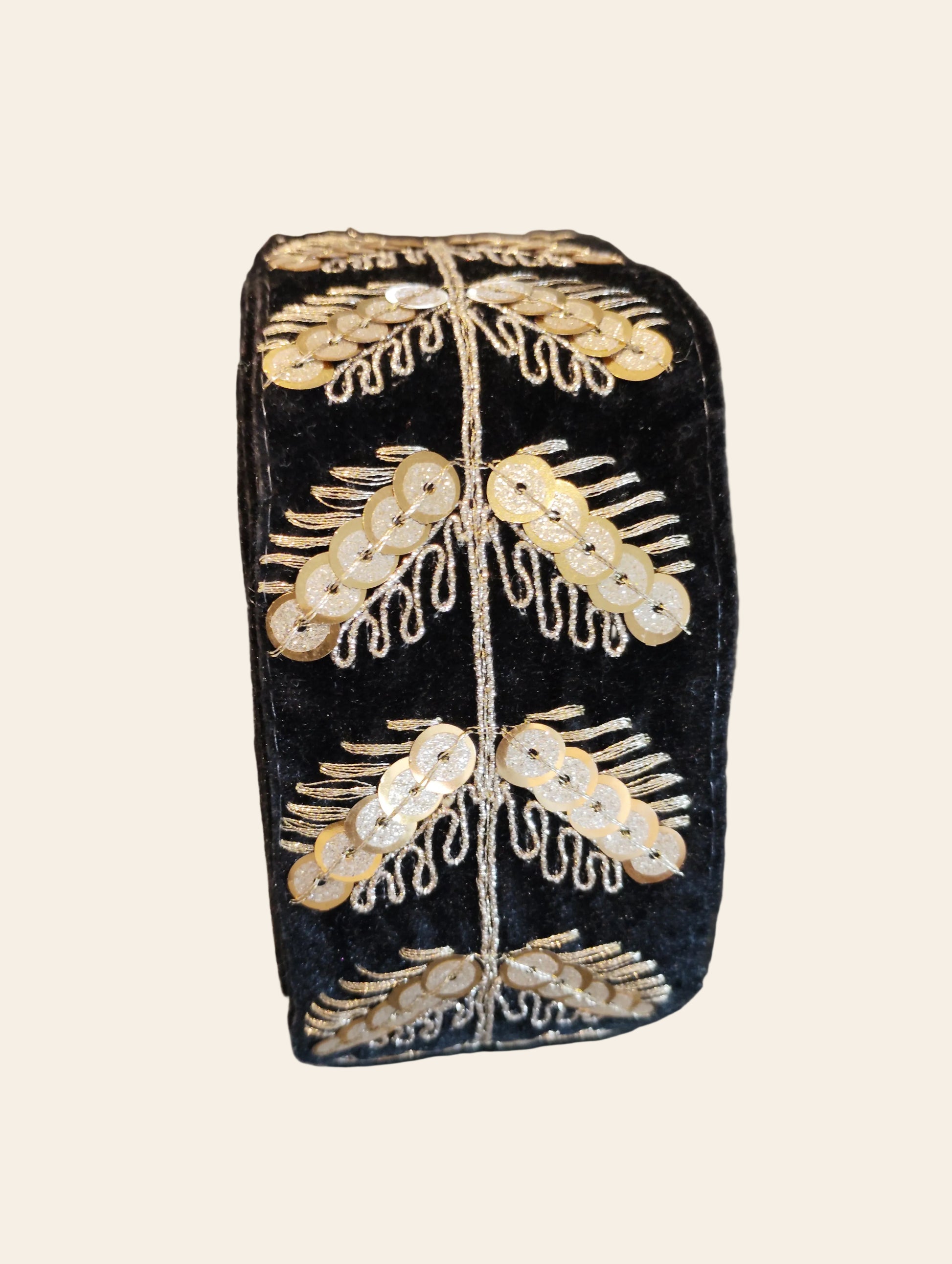 Gold Sequin Leaf Embroidered Black Velvet Ribbon Trim