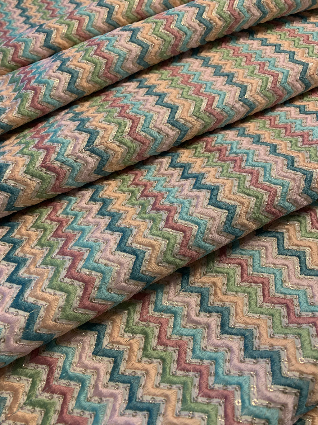 Multicolor Chevron Zig-Zag Embroidered Fabric with Sparkle Sequins