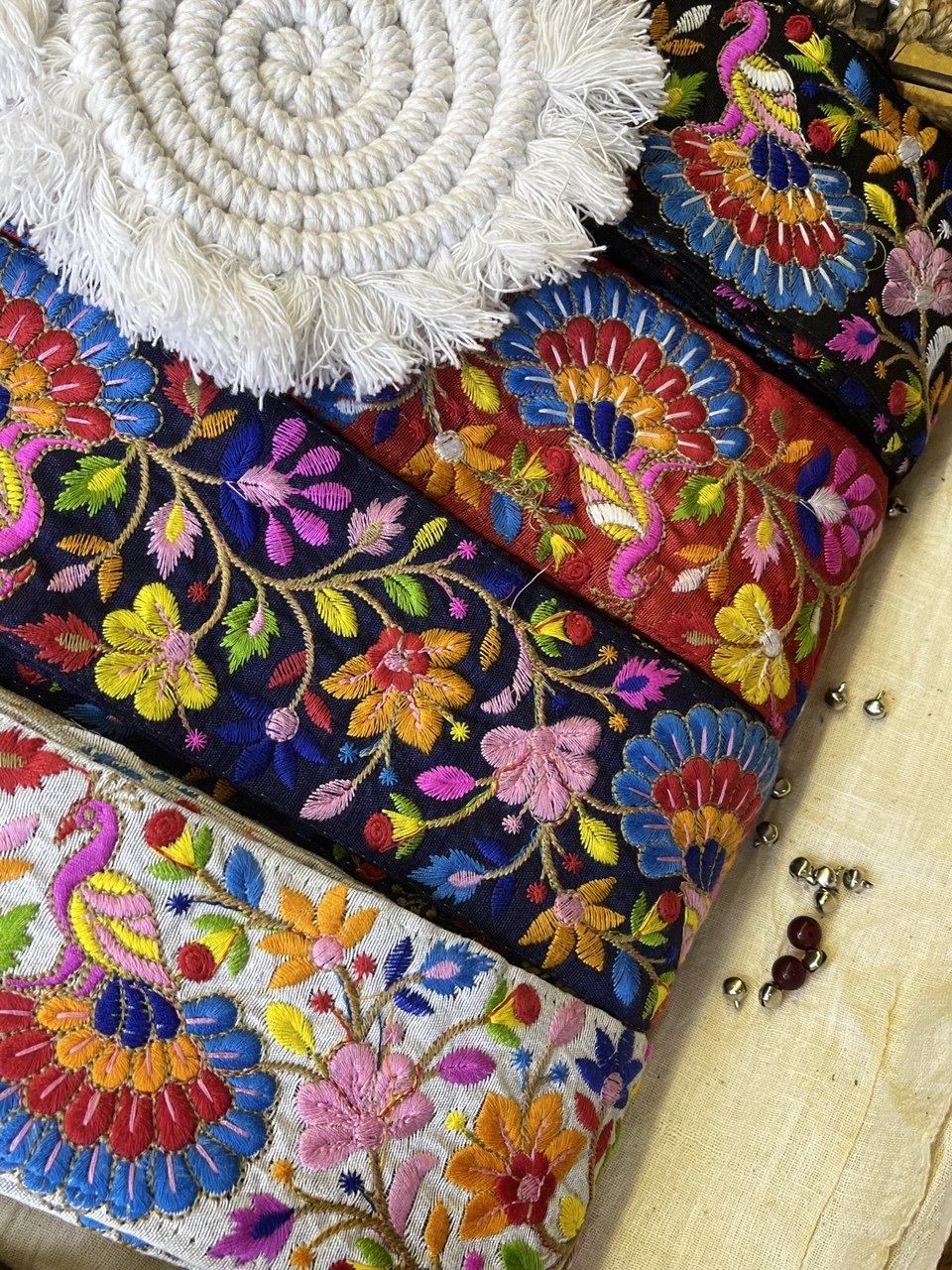 Multicolor Floral and Peacock Embroidered Trim – Vibrant Ethnic Lace