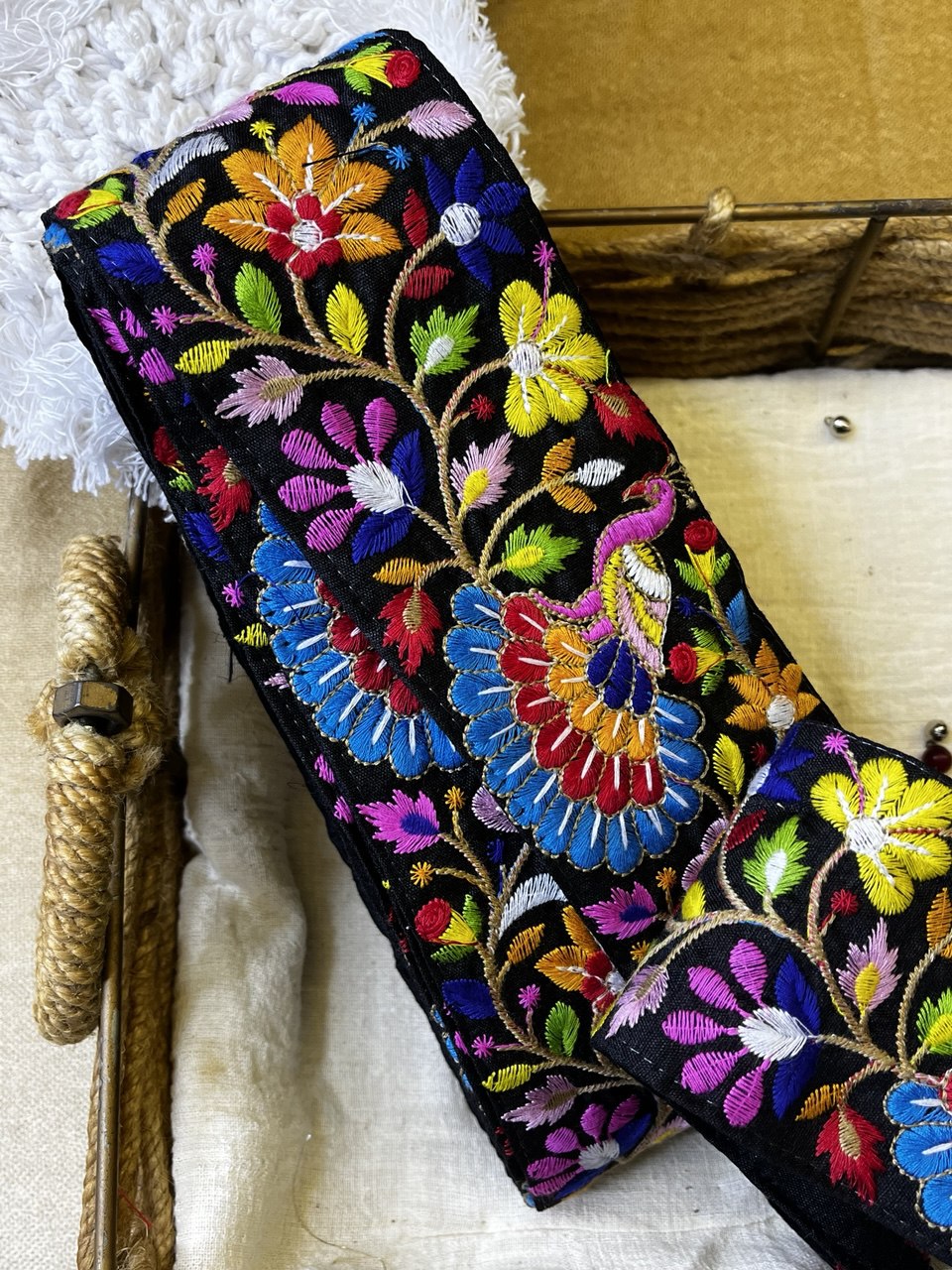 Multicolor Floral and Peacock Embroidered Trim – Vibrant Ethnic Lace