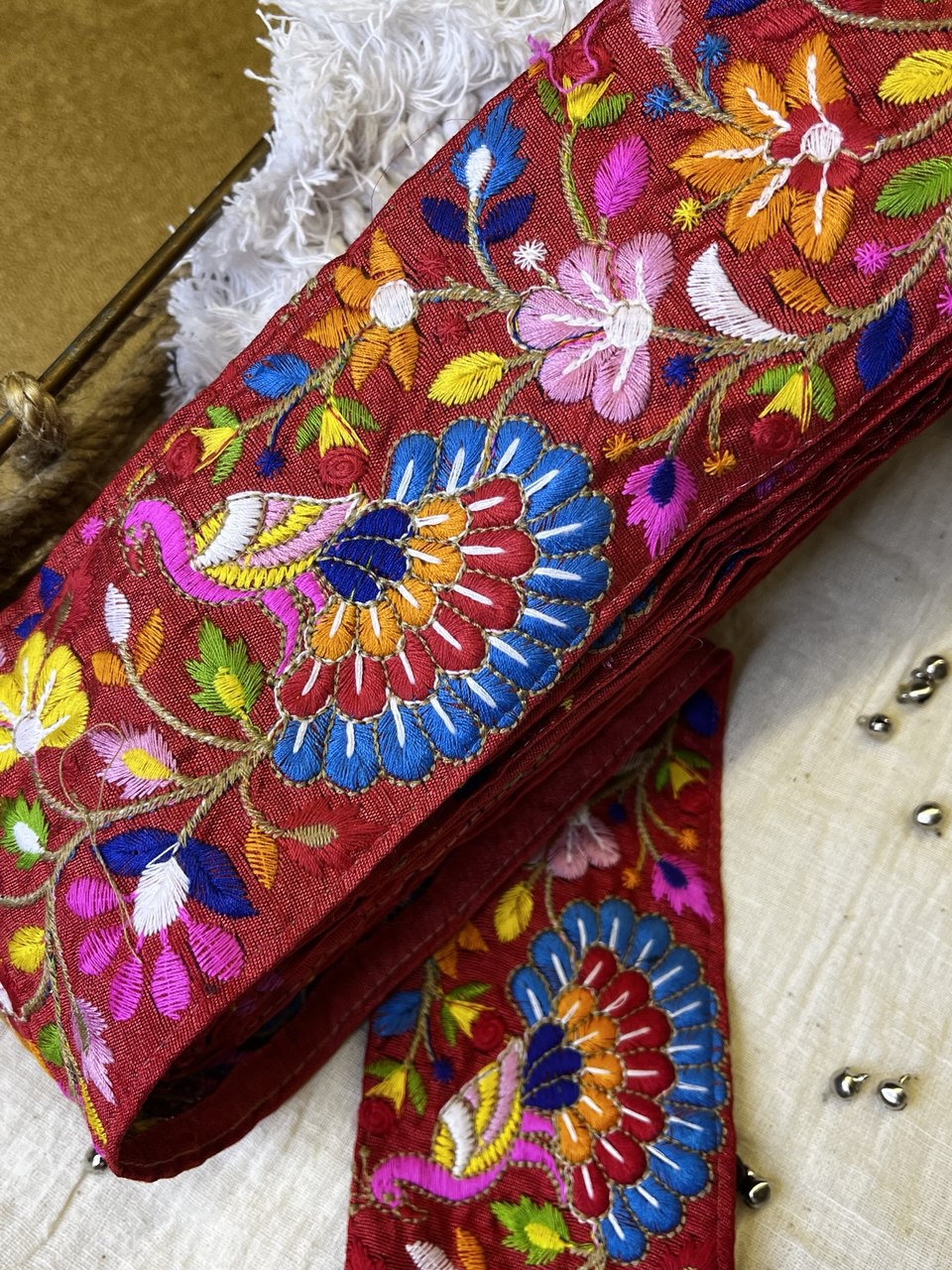 Multicolor Floral and Peacock Embroidered Trim – Vibrant Ethnic Lace