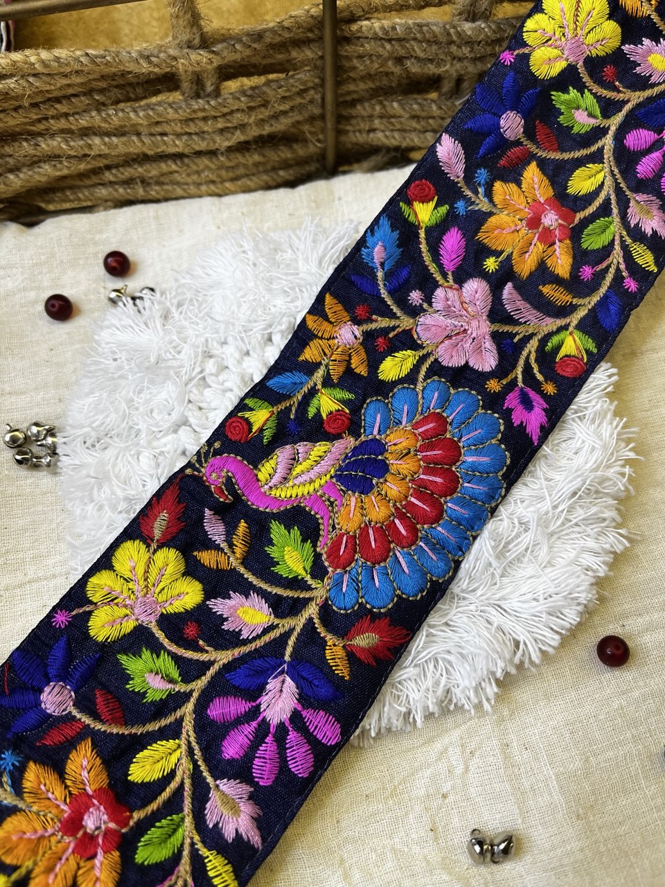 Multicolor Floral and Peacock Embroidered Trim – Vibrant Ethnic Lace
