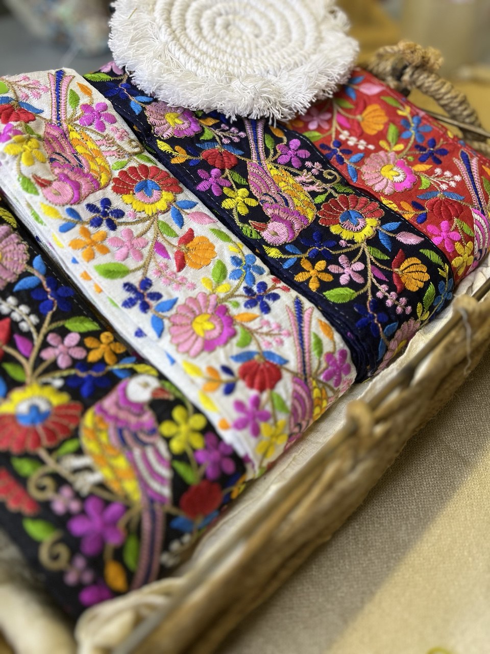 Multicolor Bird and Floral Embroidered Trim