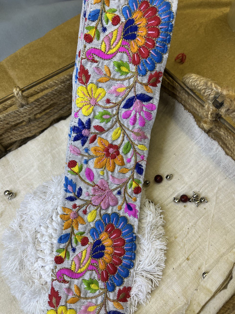 Multicolor Floral and Peacock Embroidered Trim – Vibrant Ethnic Lace
