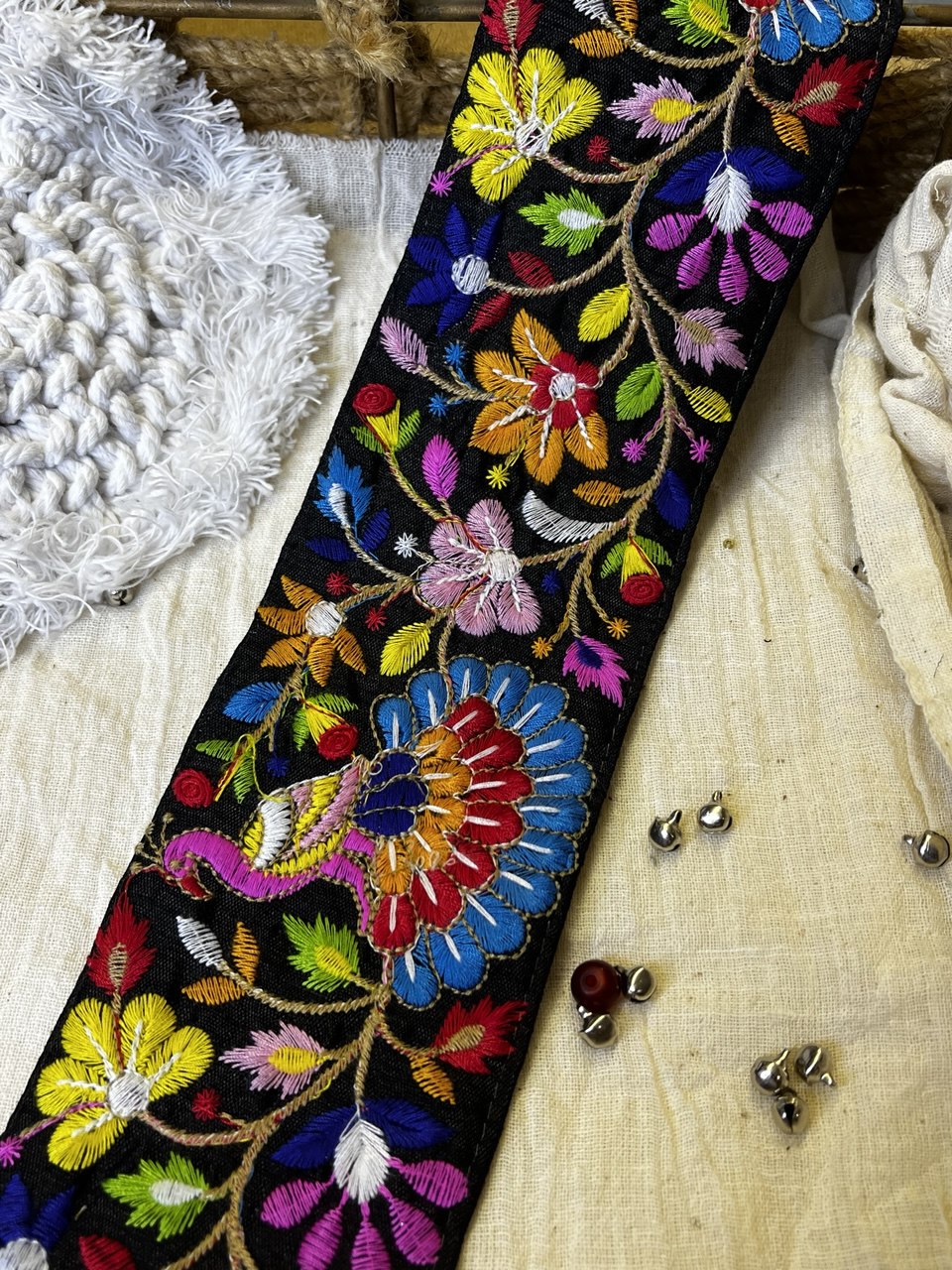 Multicolor Floral and Peacock Embroidered Trim – Vibrant Ethnic Lace