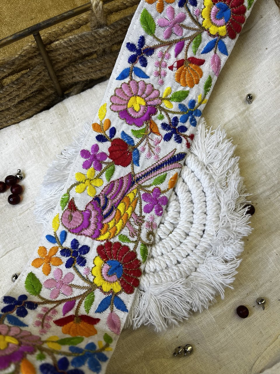 Multicolor Bird and Floral Embroidered Trim