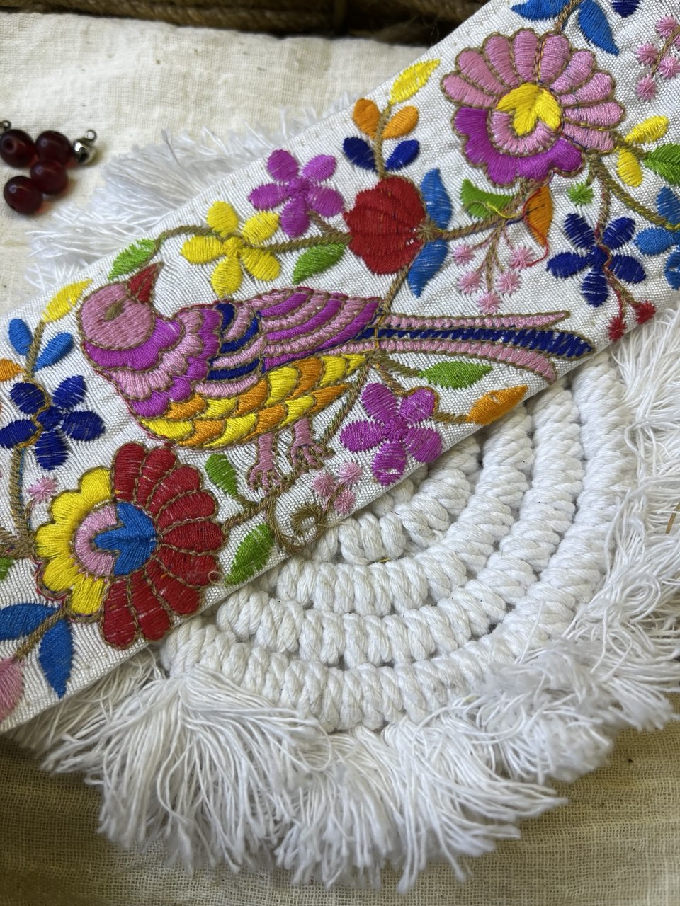 Multicolor Bird and Floral Embroidered Trim