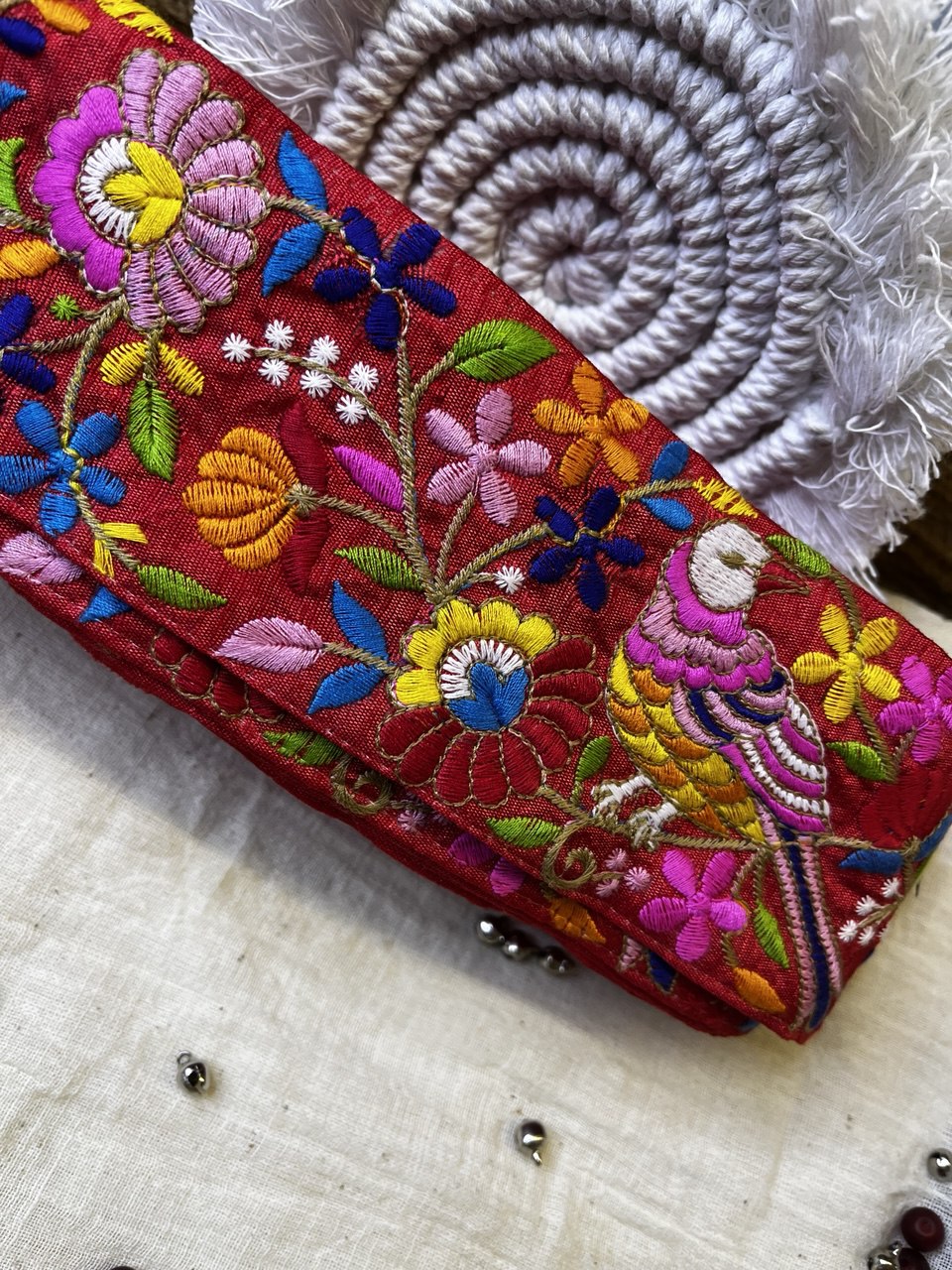 Multicolor Bird and Floral Embroidered Trim