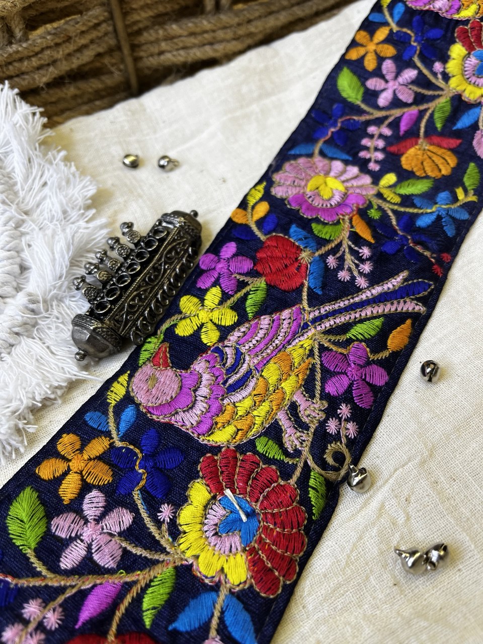 Multicolor Bird and Floral Embroidered Trim