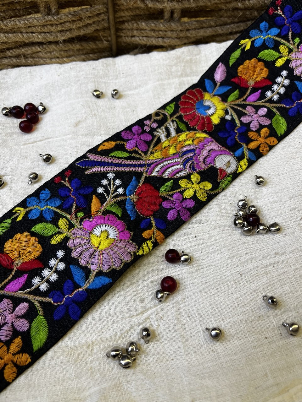 Multicolor Bird and Floral Embroidered Trim