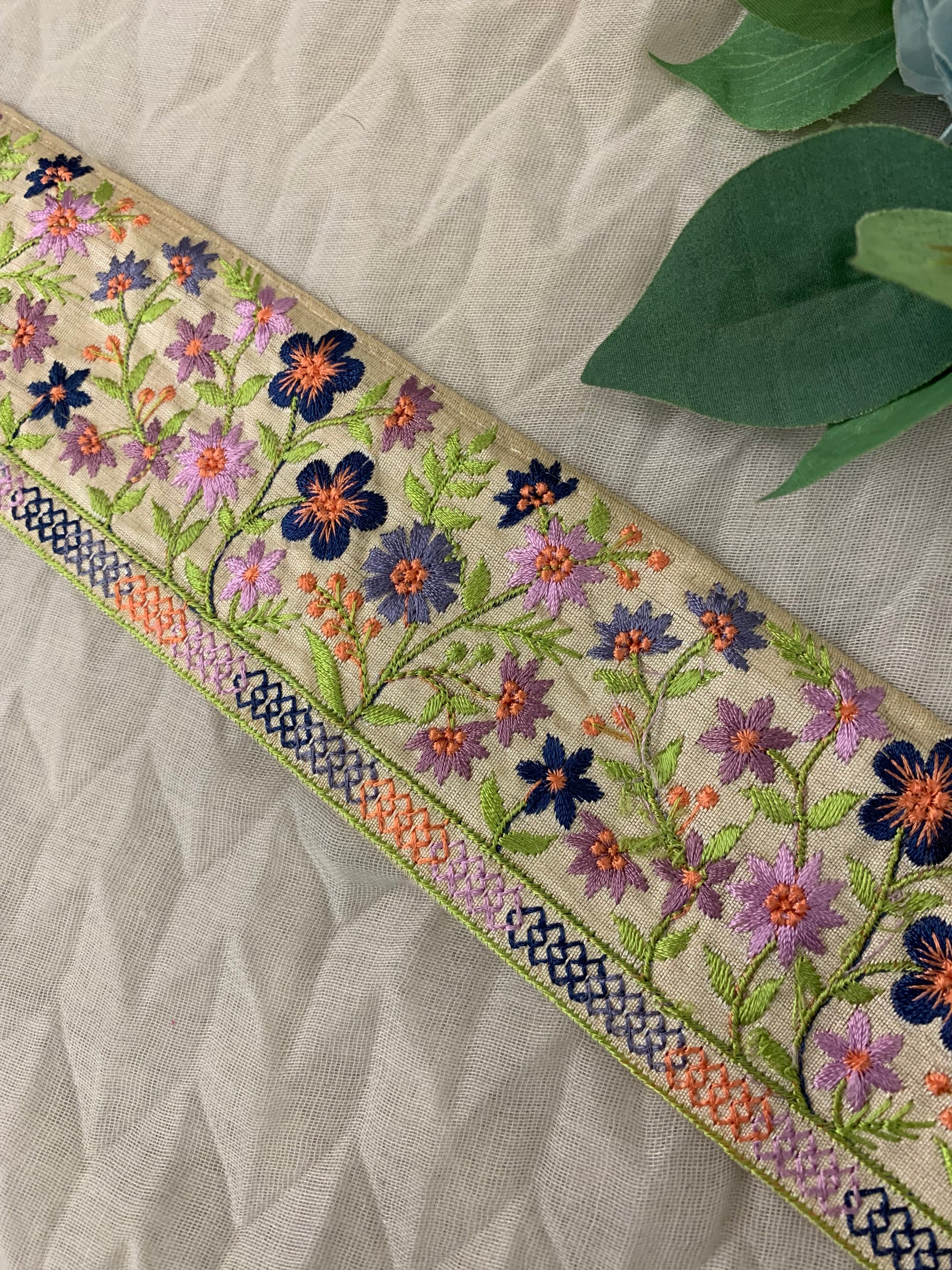 Multicolor Floral Embroidered Border on Net Fabric
