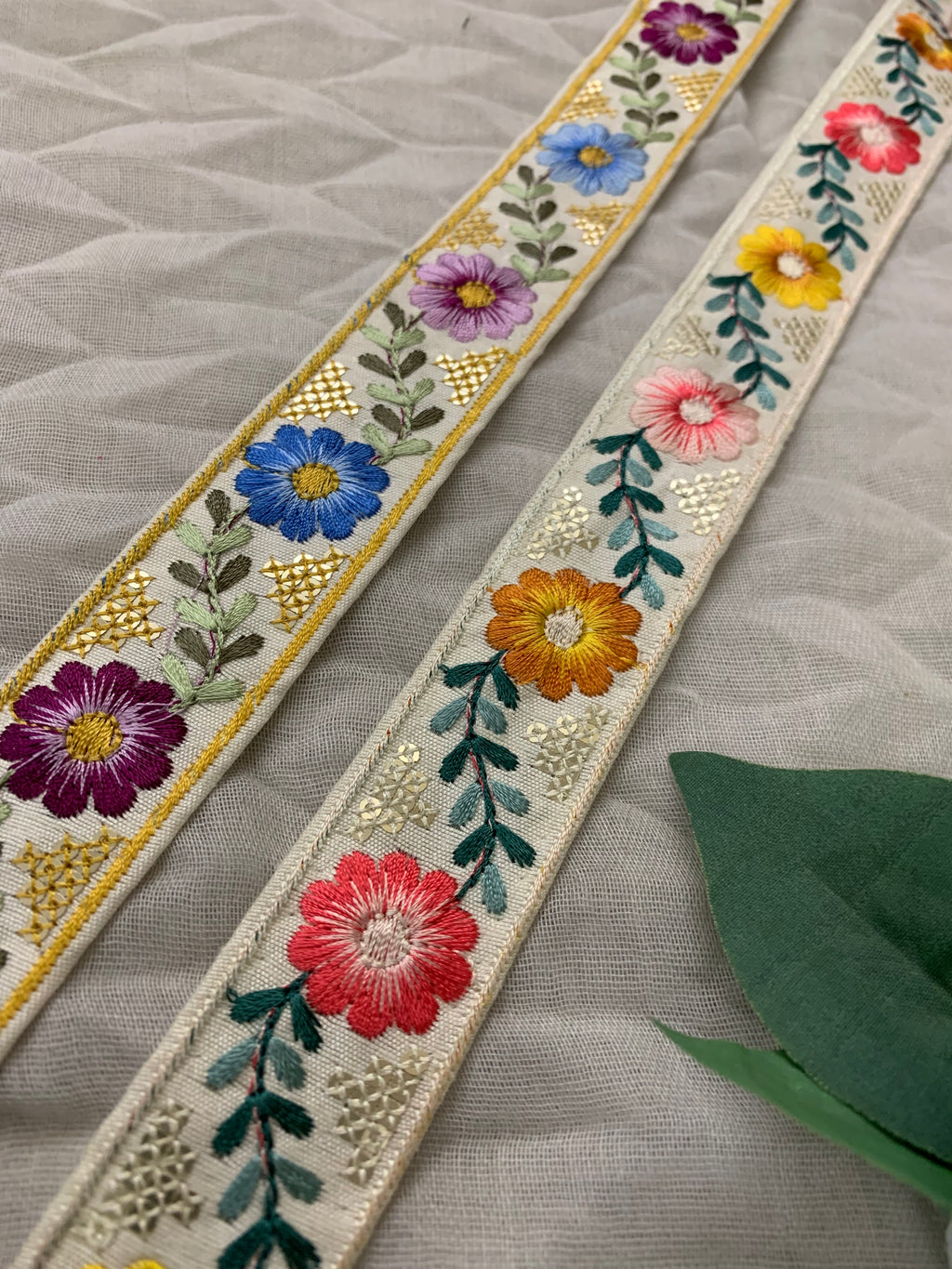 Multicolor Floral Embroidered Trim with Gold Sequin Accents – Boho Style Decorative Border