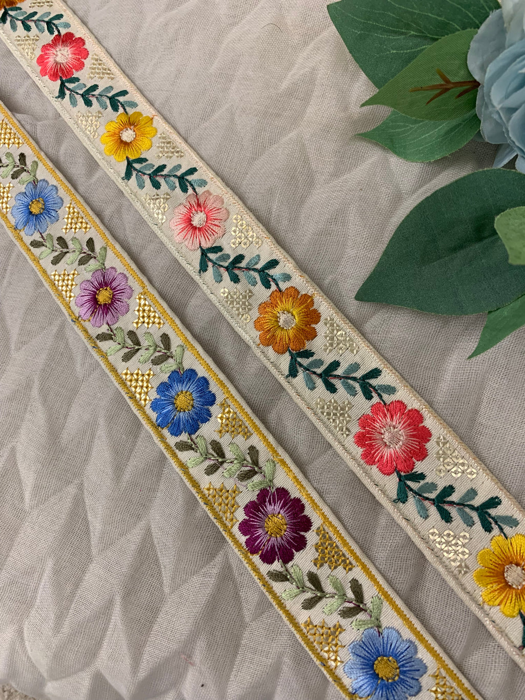 Multi-Color Beige Floral Embroidered Trim