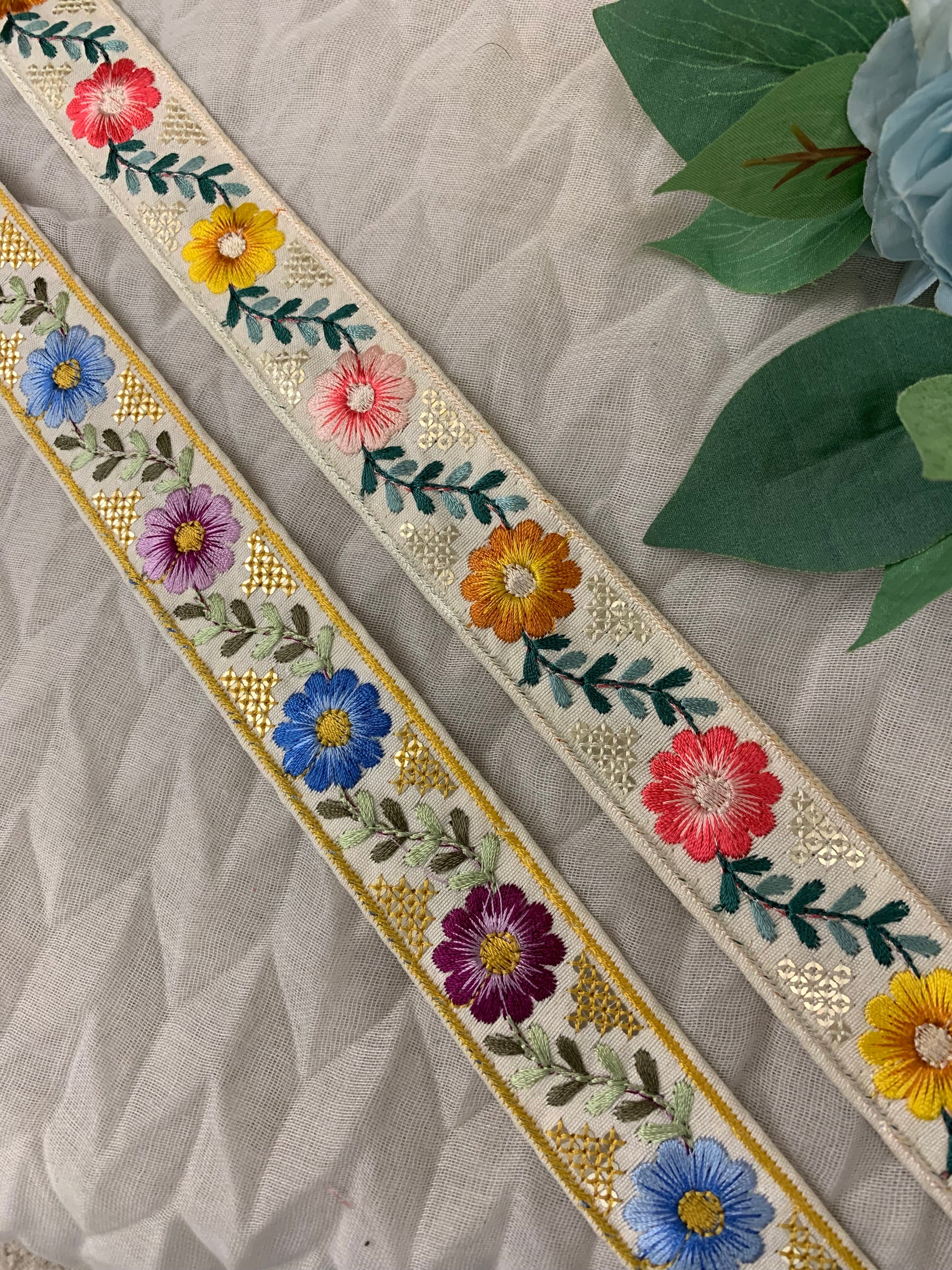 Multicolor Floral Embroidered Trim with Gold Sequin Accents – Boho Style Decorative Border