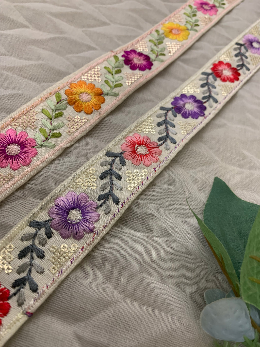 Multicolor Floral Embroidered Trim with Gold Sequin Accents – Boho Style Decorative Border