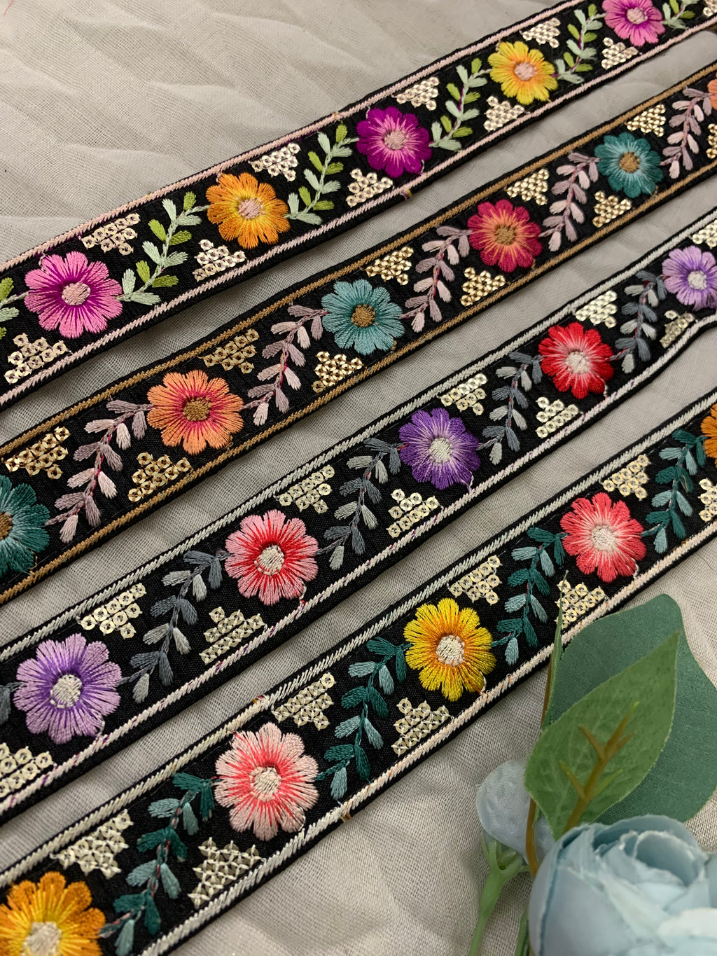 Multi-Color Black Floral Embroidered Trim