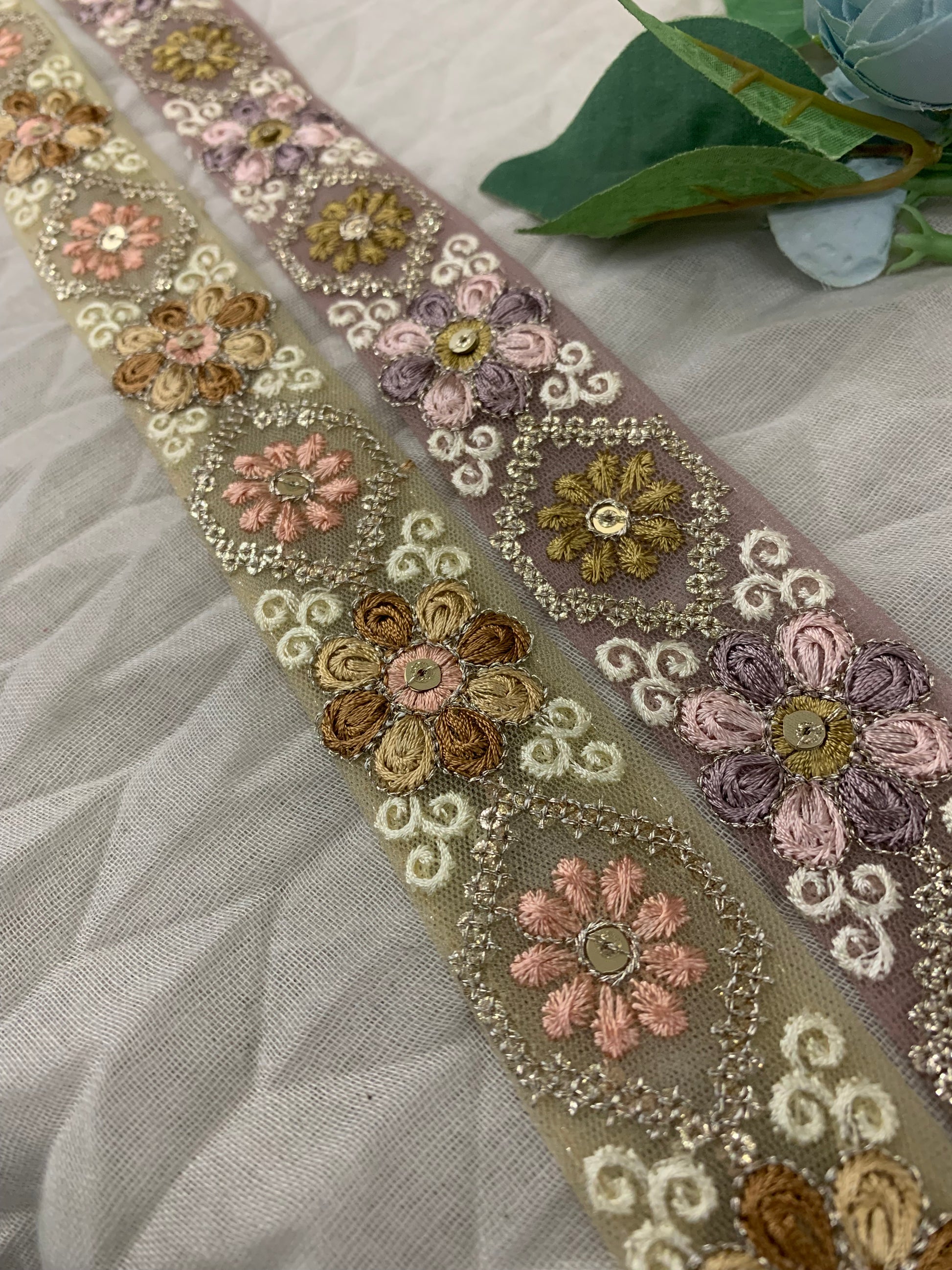 Floral Embroidered Tulle Lace Trim with Sequin Accents