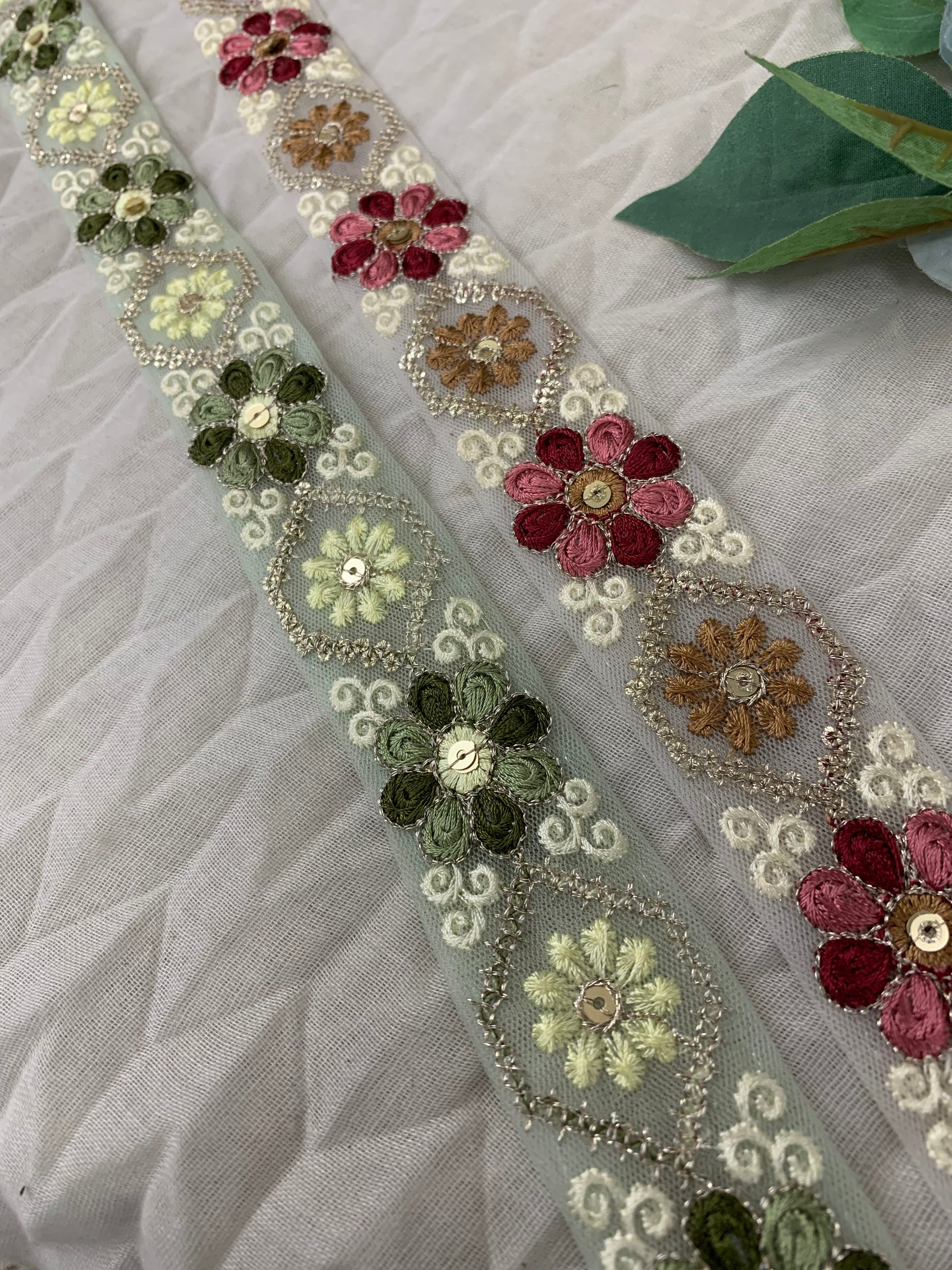 Floral Embroidered Tulle Lace Trim with Sequin Accents