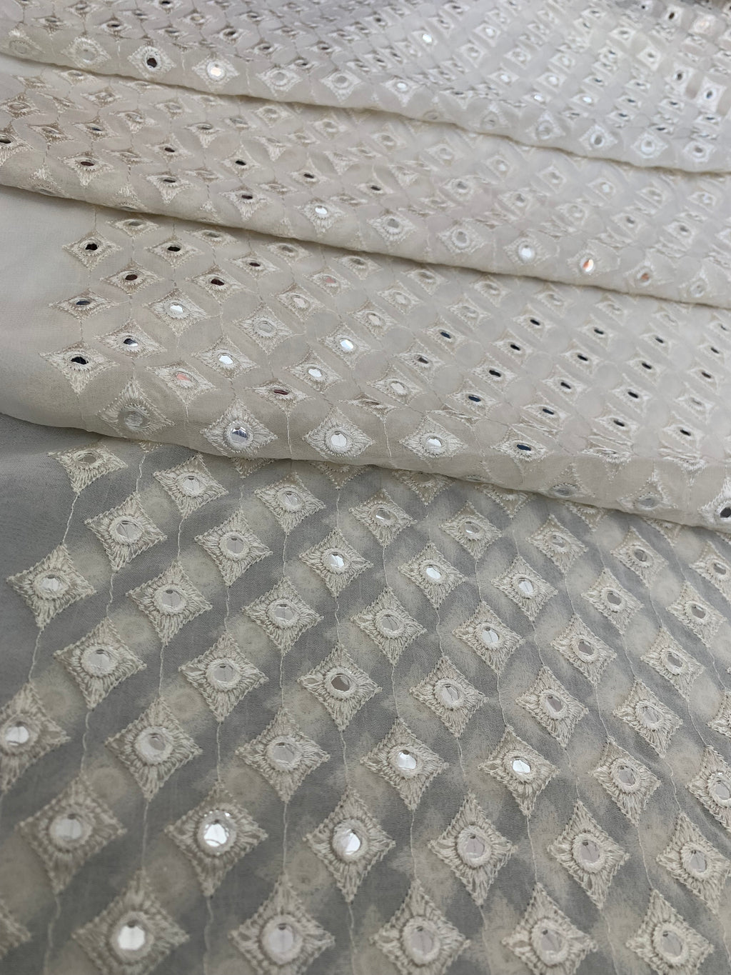 Ivory Mirror Work Geometric Embroidered Fabric