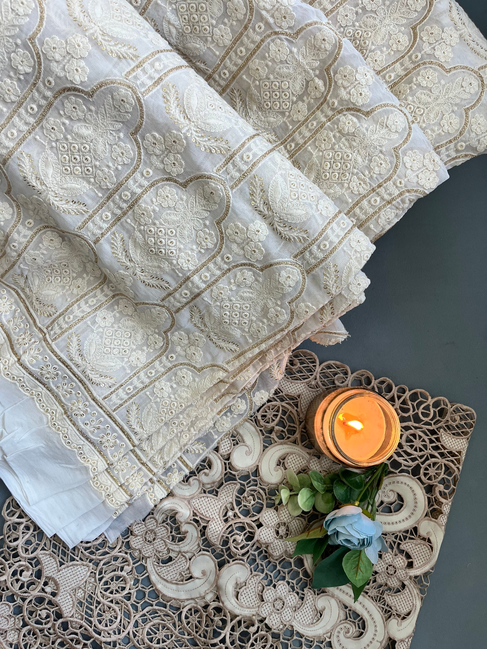 Golden Thread Embroidered Floral Lace Fabric