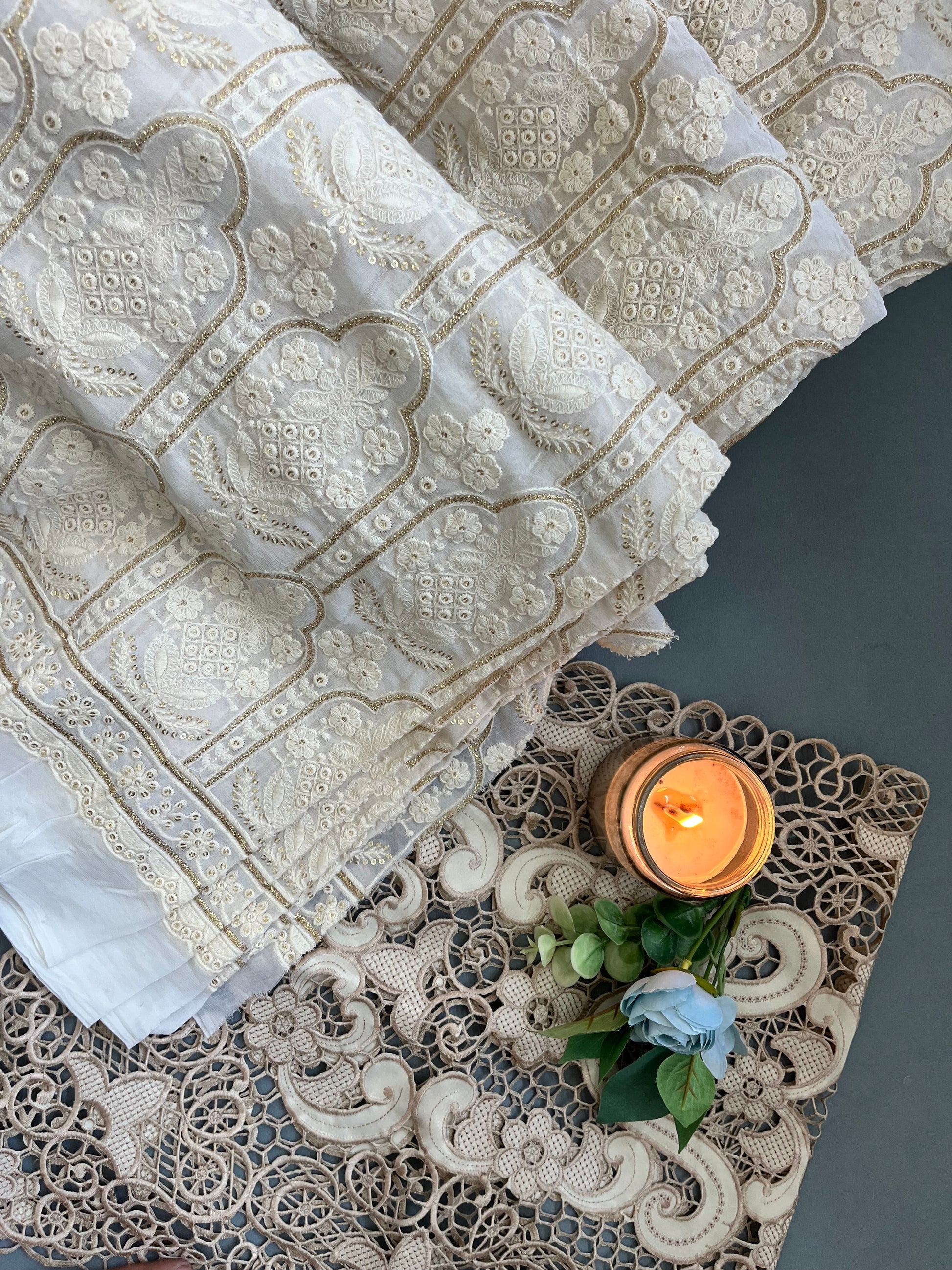 Golden Thread Embroidered Floral Lace Fabric