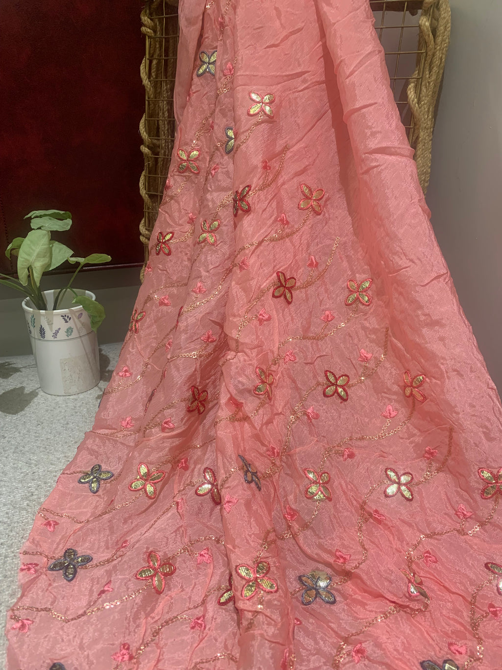 Embroidered Butterfly Vine Organza Fabric