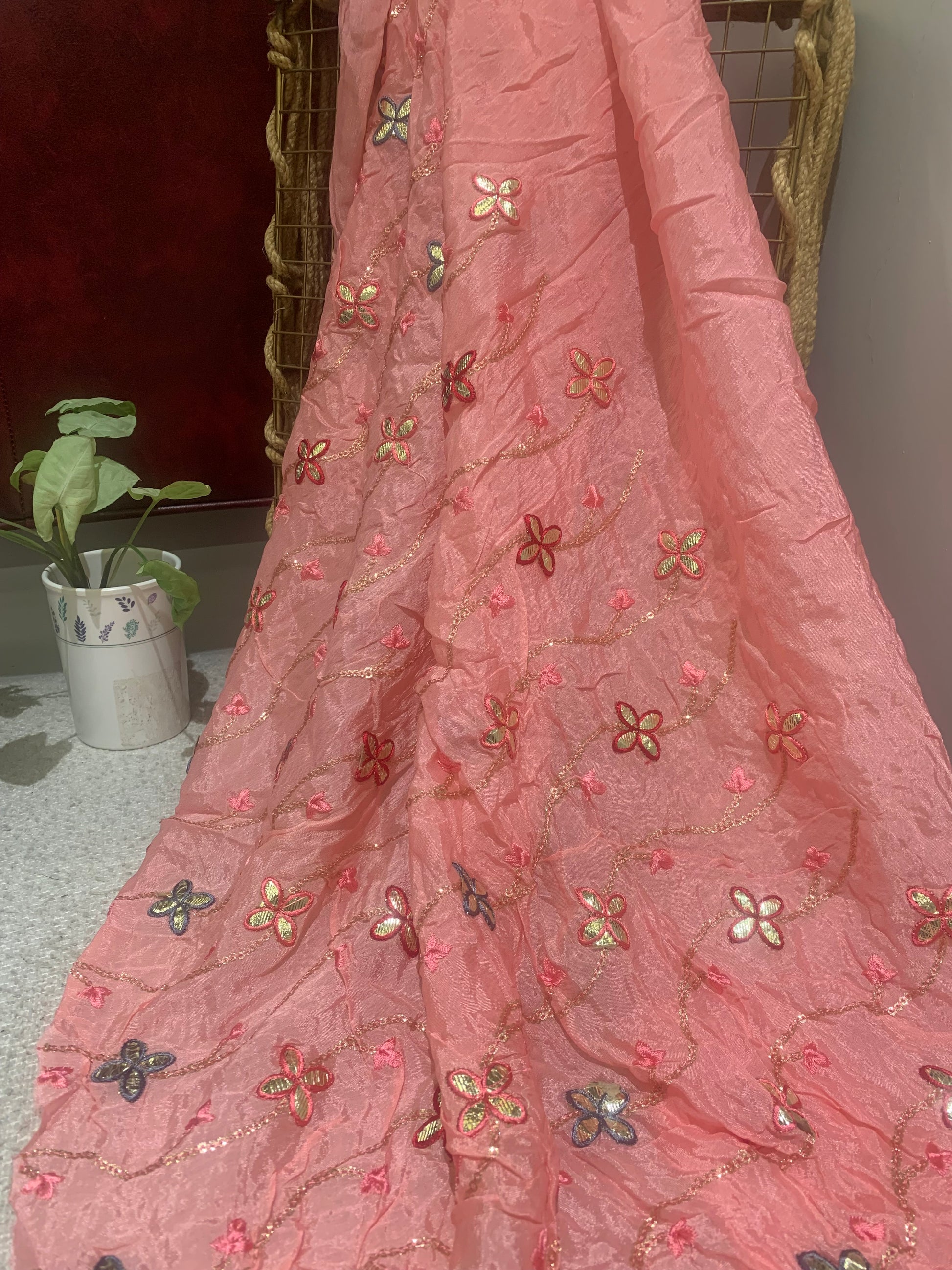 Embroidered Butterfly Vine Organza Fabric