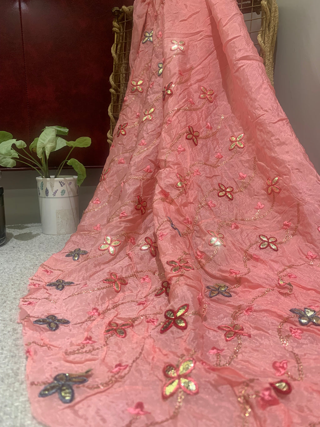 Embroidered Butterfly Vine Organza Fabric