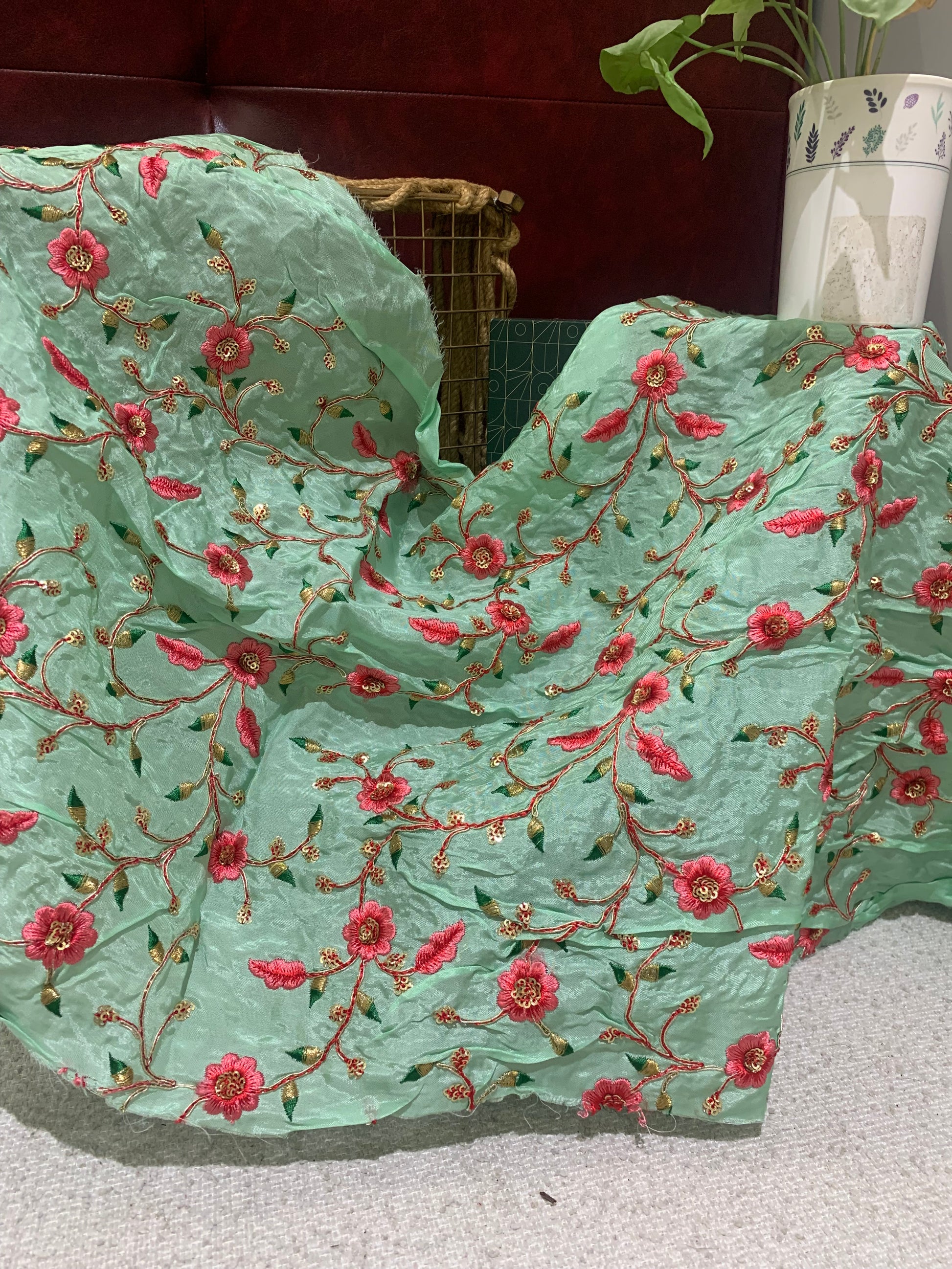 Floral Vine Embroidered Organza Fabric