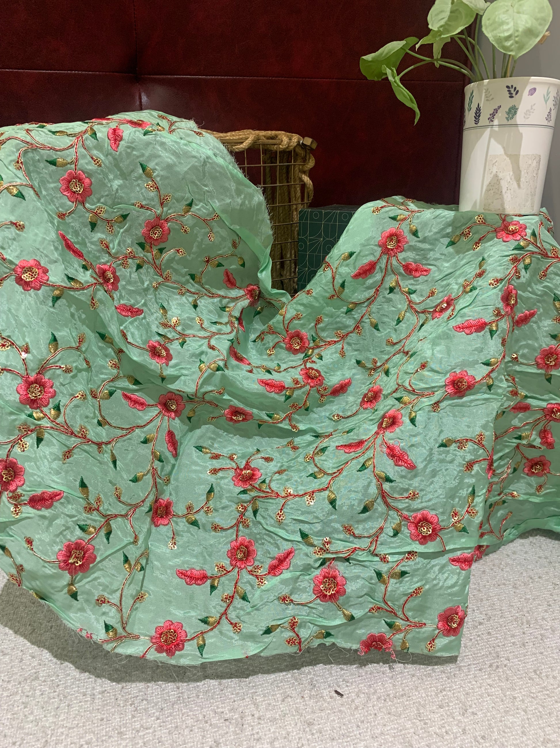 Floral Vine Embroidered Organza Fabric