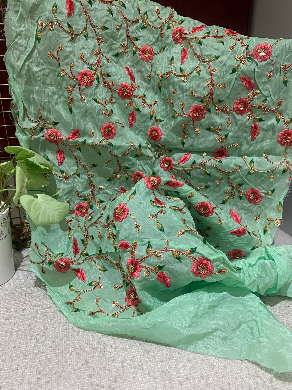 Floral Vine Embroidered Organza Fabric