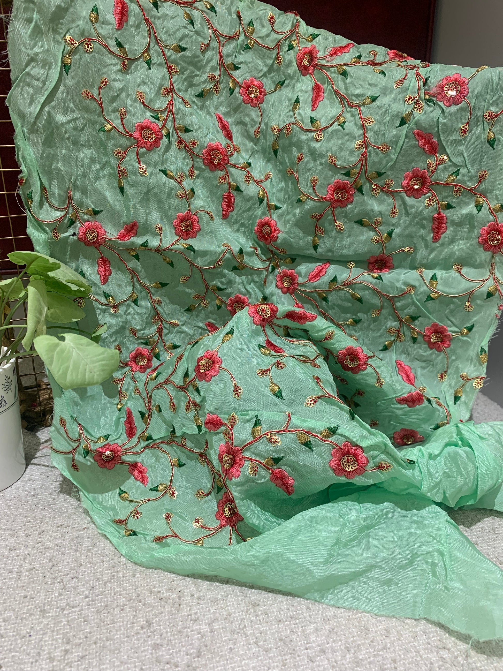 Floral Vine Embroidered Organza Fabric
