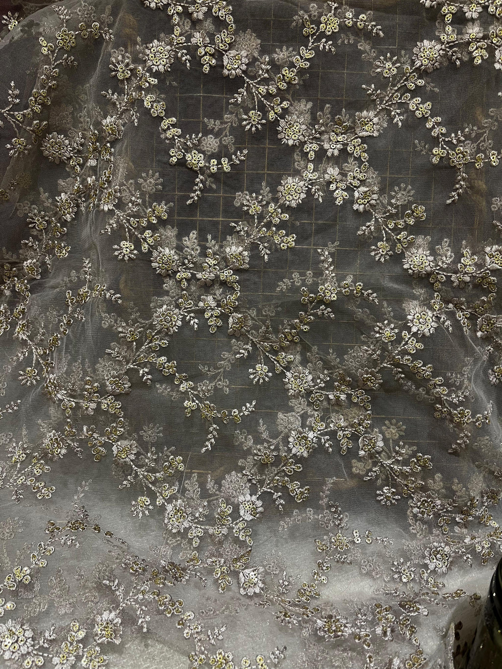 Grey Embroidered Net Fabric