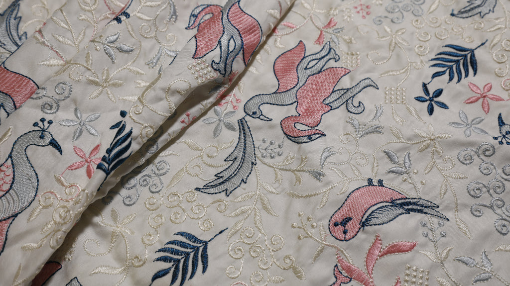 Royal Aviary Embroidered Dola Silk Fabric