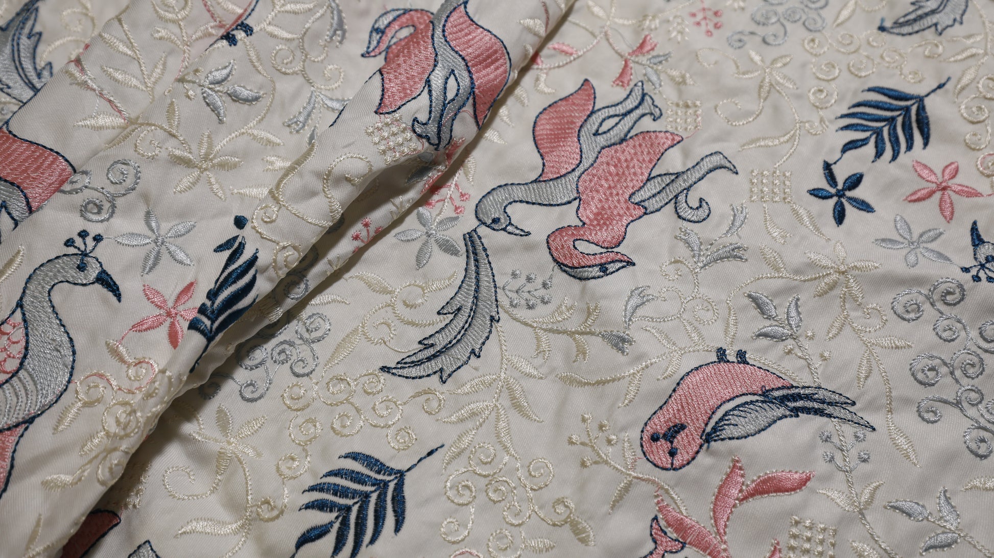 Royal Aviary Embroidered Dola Silk Fabric