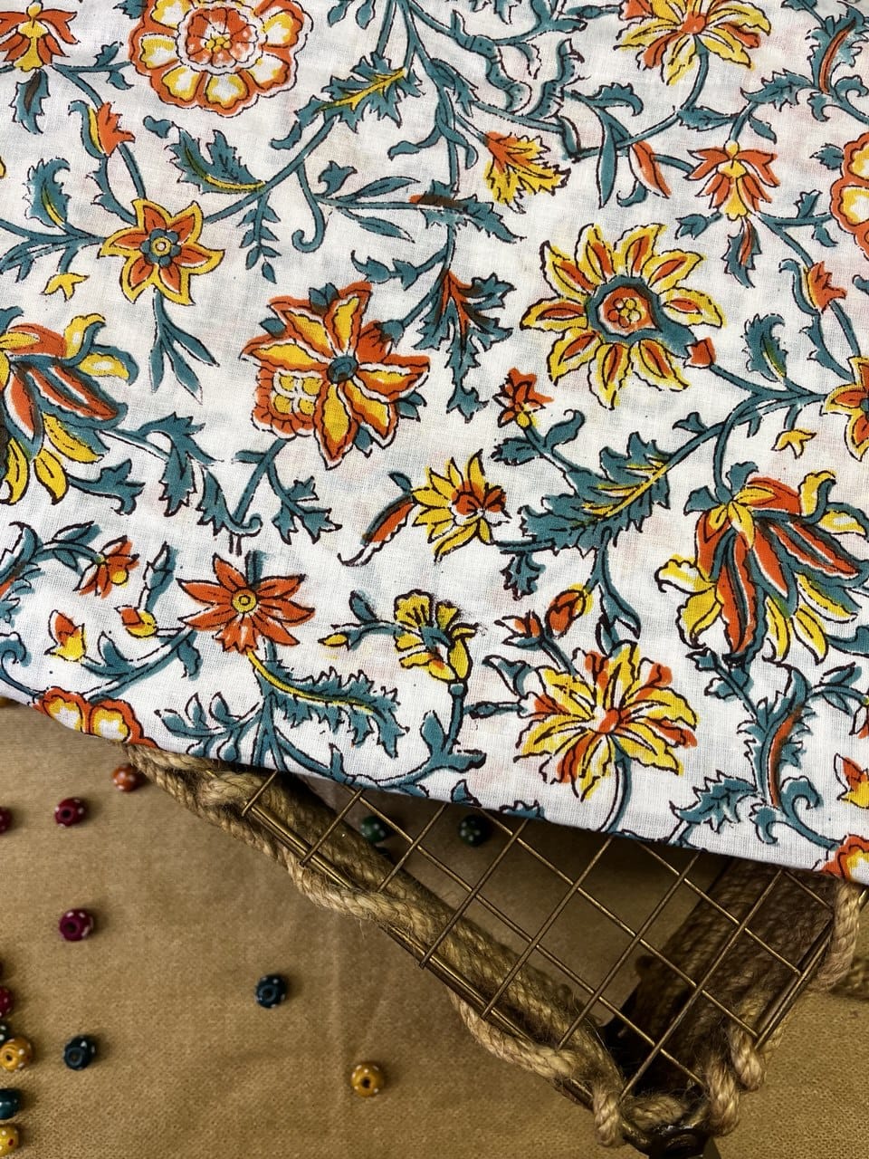 Orange, Yellow, and Teal Floral Print Fabric