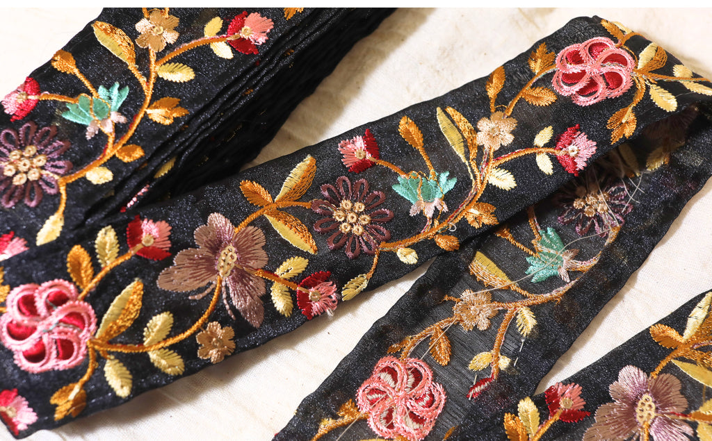 Elegant Black Floral Embroidered Trim – Midnight Garden Collection