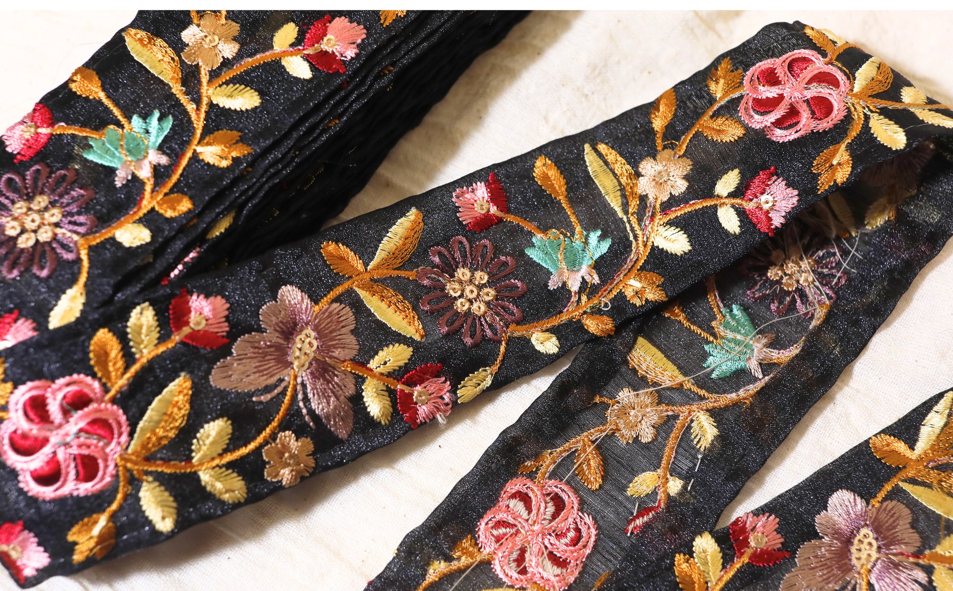 Elegant Black Floral Embroidered Trim – Midnight Garden Collection