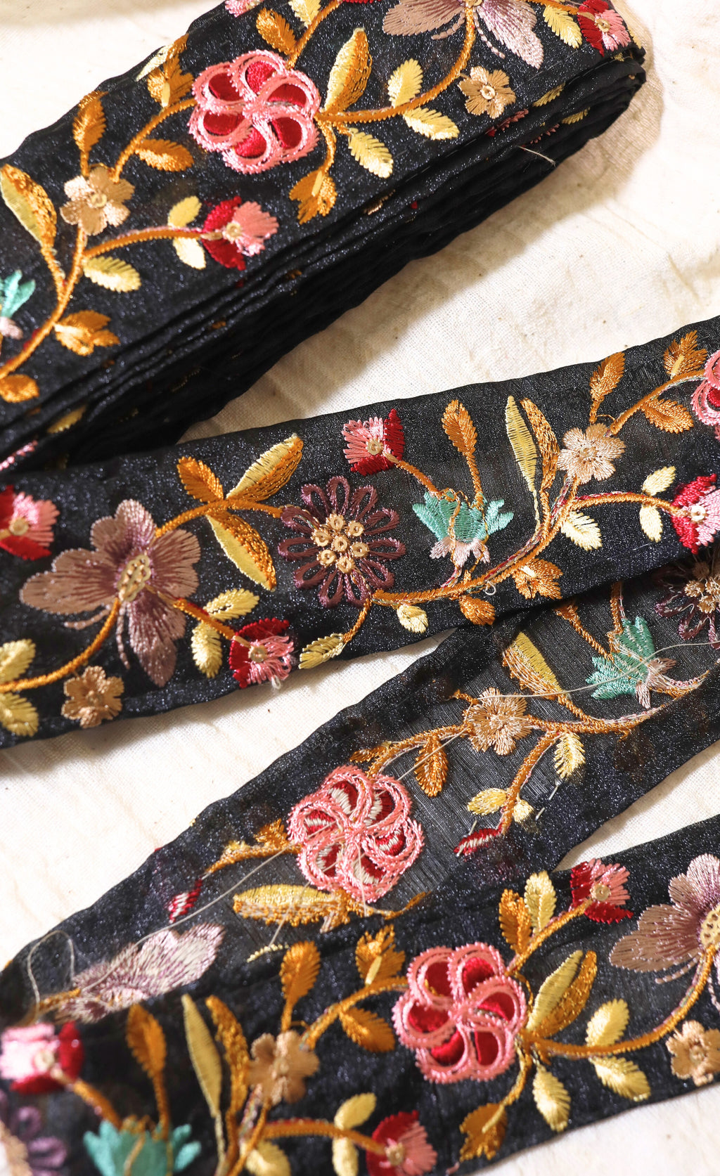 Elegant Black Floral Embroidered Trim – Midnight Garden Collection