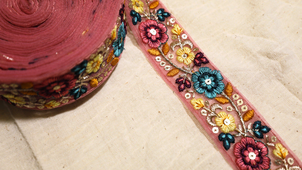 Floral Embroidered Net Trim – Multicolor with Sequin Accents