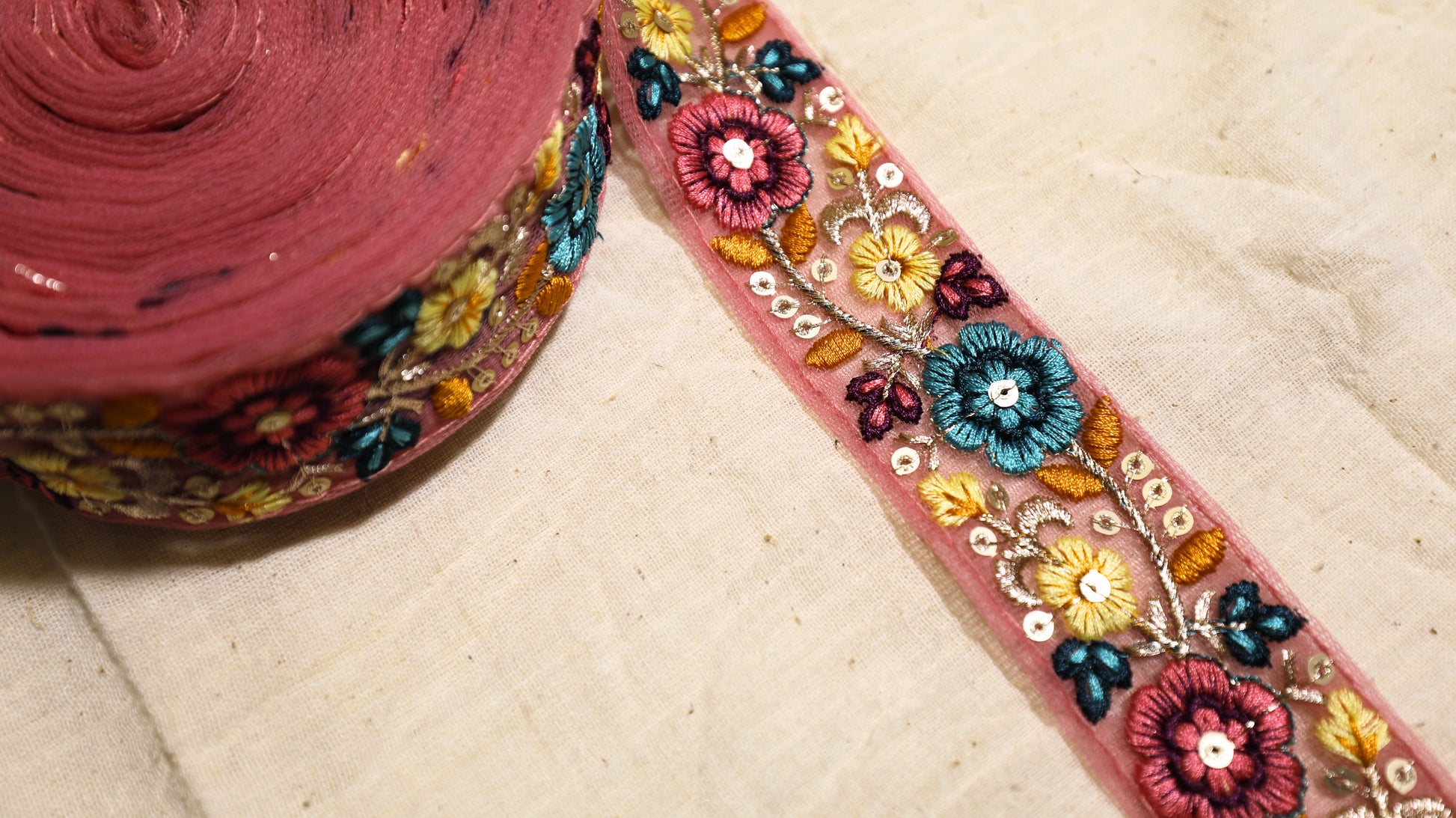 Floral Embroidered Net Trim – Multicolor with Sequin Accents