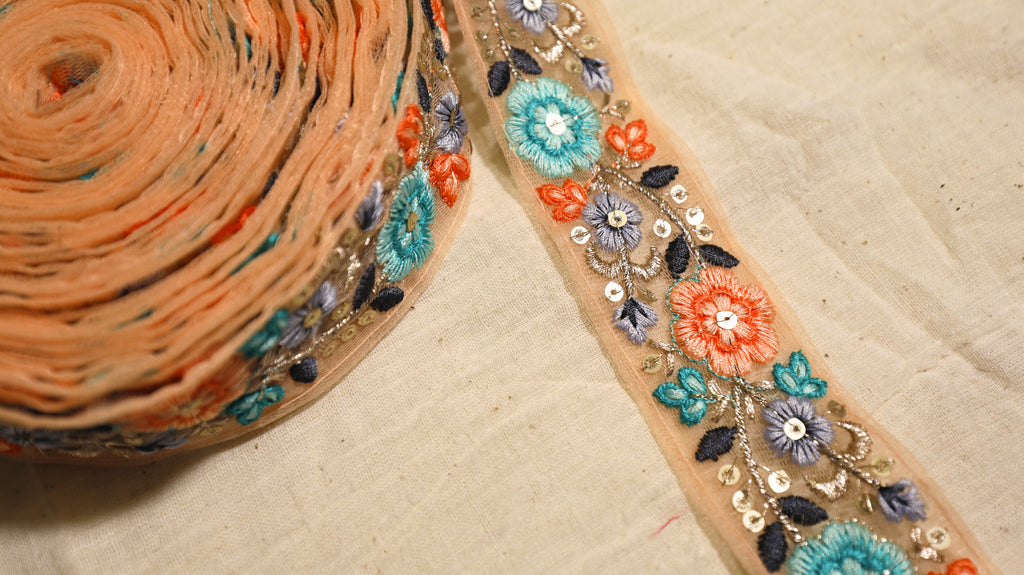 Floral Embroidered Net Trim – Multicolor with Sequin Accents